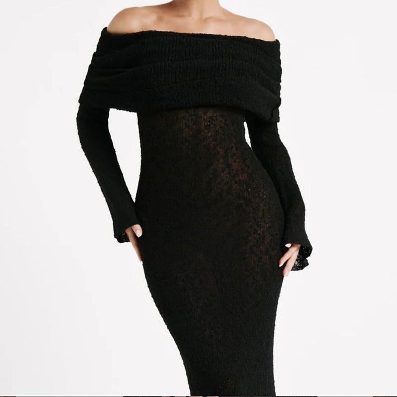 Damen Off-Shoulder Maxikleid mit langem Arm und elegantem Stoff Skjora