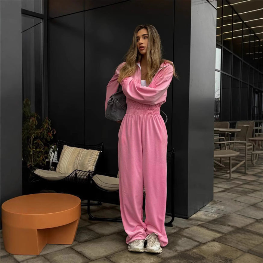 Kvinne Casual Fleece Jumpsuit med Høy Krage og Praktisk Glidelås Skjora