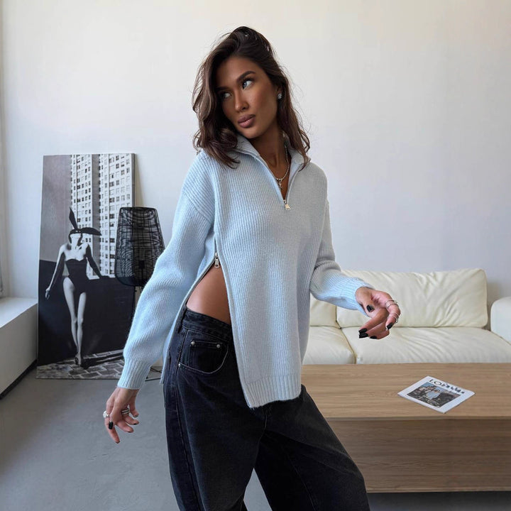 Dame trendy zip genser med sidelommer og høy krage Skjora