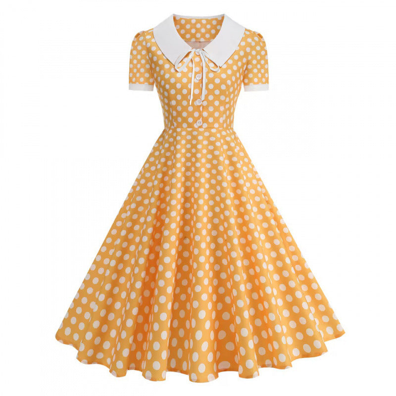 Dame Retro Maxikjole med Krage og Dots Skjora