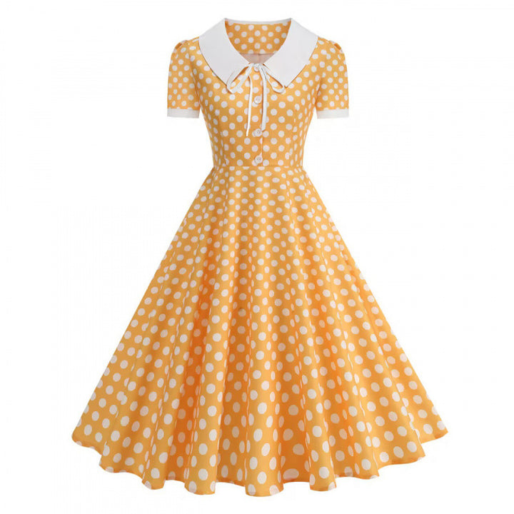 Dame Retro Maxikjole med Krage og Dots Skjora