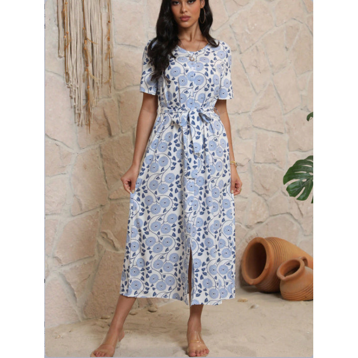 Women's Long-Sleeve Maxi Dress with Floral Design and Elegant Tie Belt Skjora