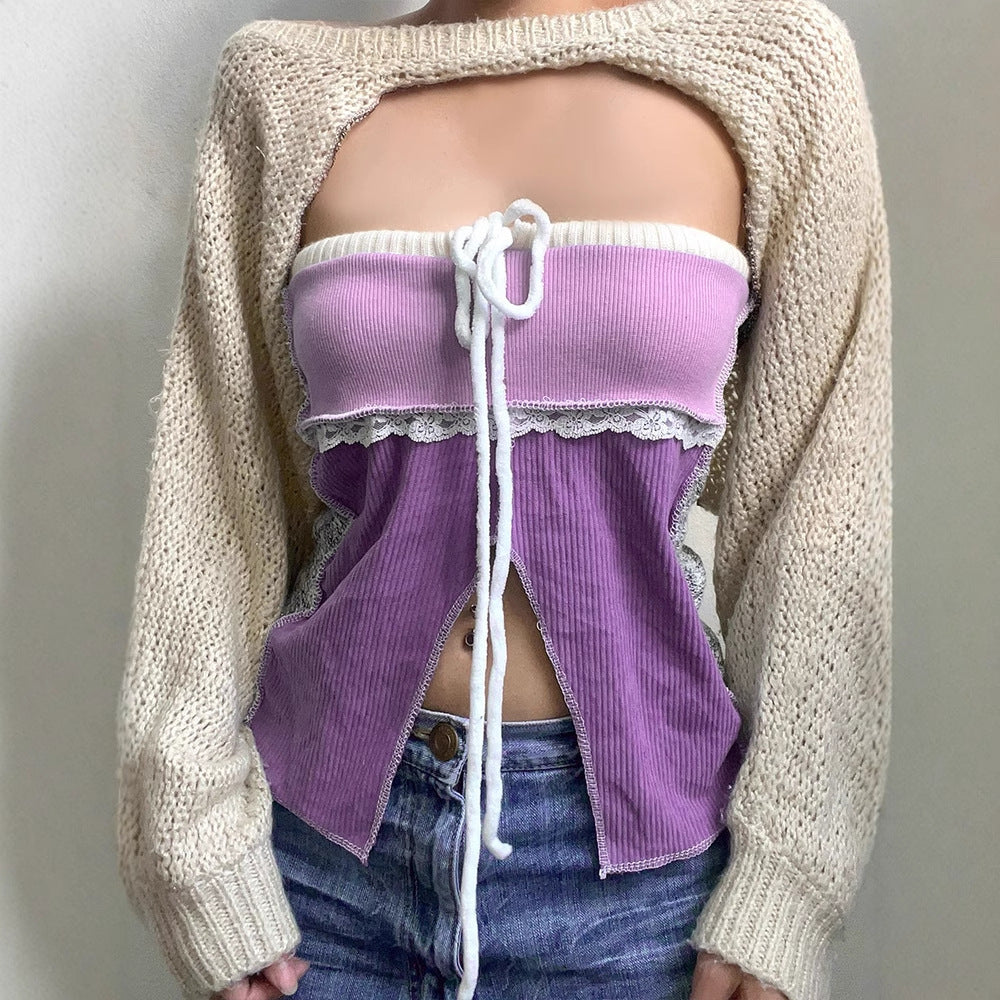 Dame Offshoulder Topp med blonderdetaljer og lomme Skjora