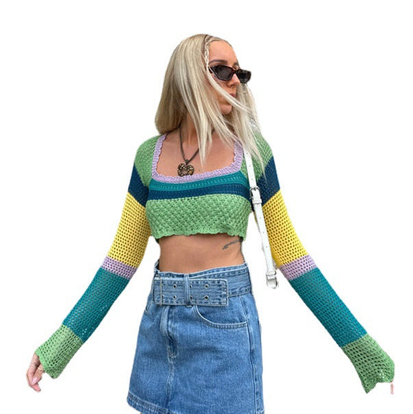 Damer luftig heklede crop-top med iøynefallende stripemønster Skjora