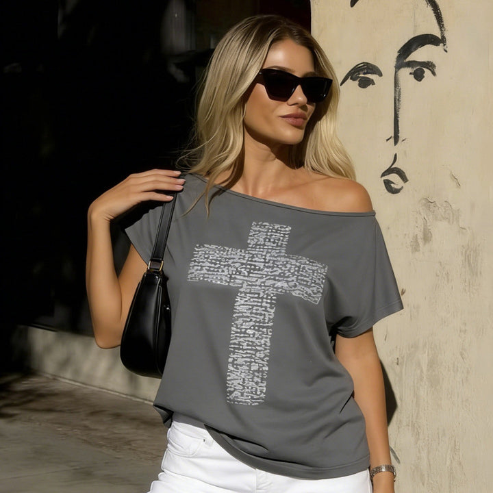 Dame Off-Shoulder Skjorte med Korsmotiv Skjora