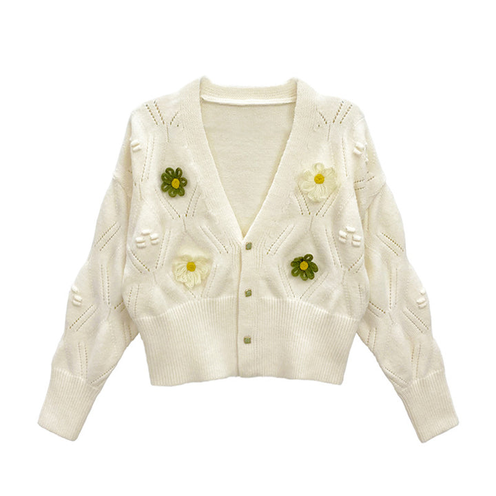 Dame cardigan med blomsterapplikasjoner og elegant V-hals Skjora