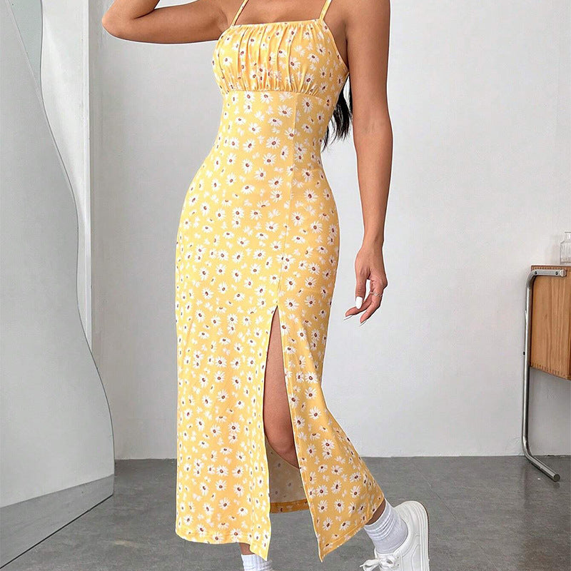 Dame maxi kjole med blomster mønster og sidelits Skjora