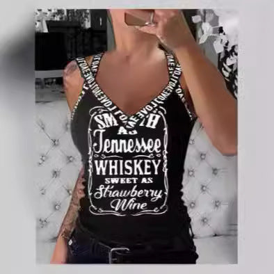 Dame tanktop med V-hals og iøynefallende trykk Skjora