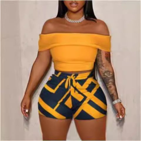 Dame Off-Shoulder Top og Høy Midje Shorts Sett Skjora