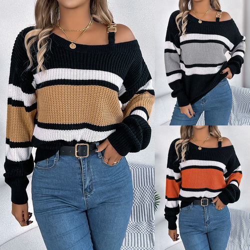 Kvinne Av-Høyre-Sweater med Stripe Detaljer og Trendy Stropp Skjora