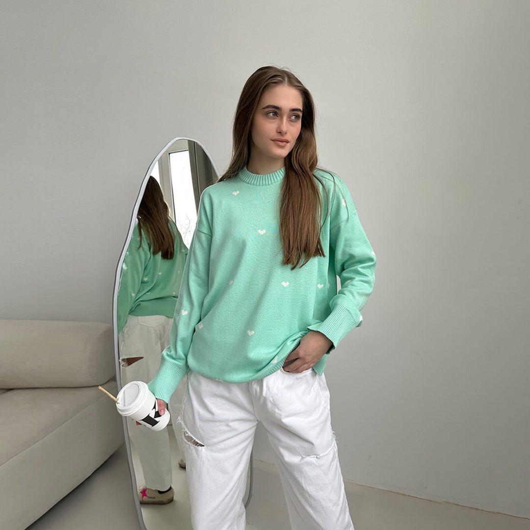 Damer koselig oversized genser med hjerte mønster Skjora