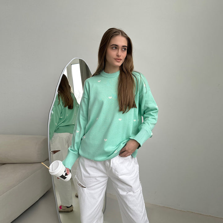 Damer koselig oversized genser med hjerte mønster Skjora