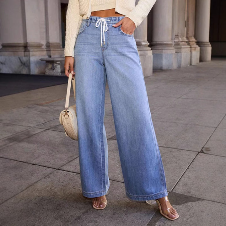 Kvinner Bred Kutt Denim Bukser med Elastisk Midjebånd og Moderne Snøring Skjora