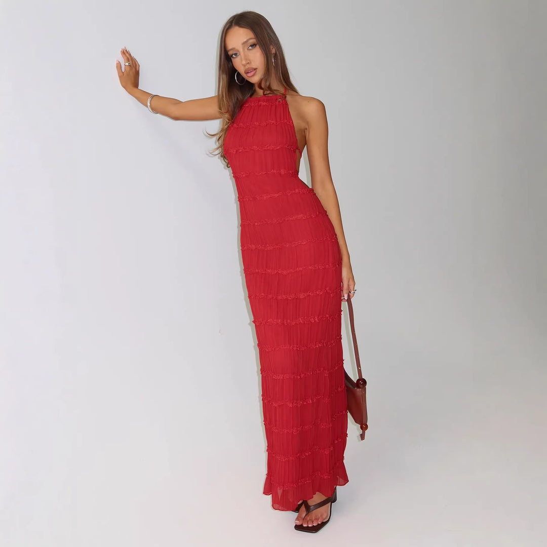 Dame maxikjole med off-shoulder design og flytende volanger Skjora
