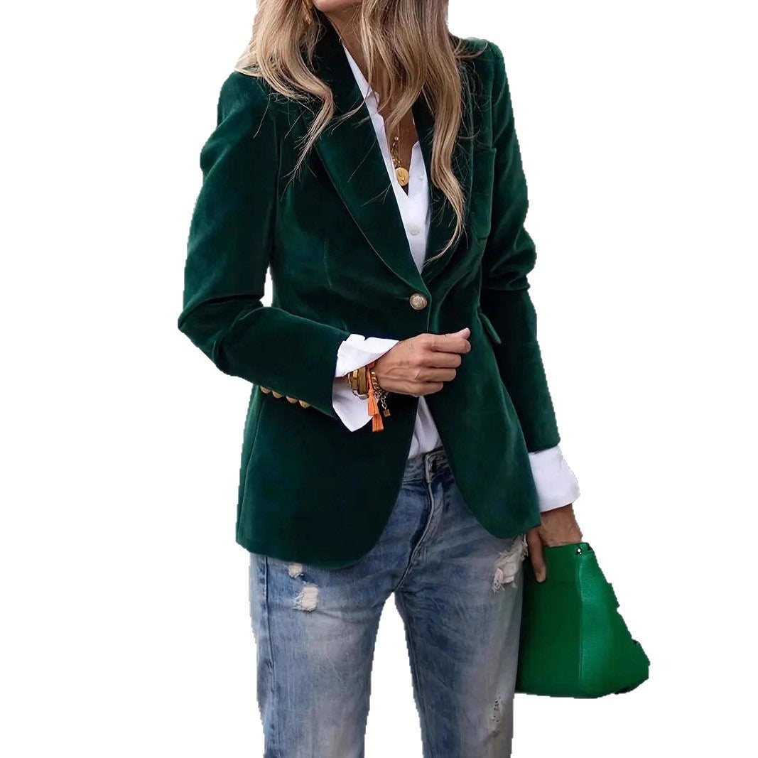 Dame Elegant Fløyelsblazer med Skreddersydd Passform og Gullknapper Skjora