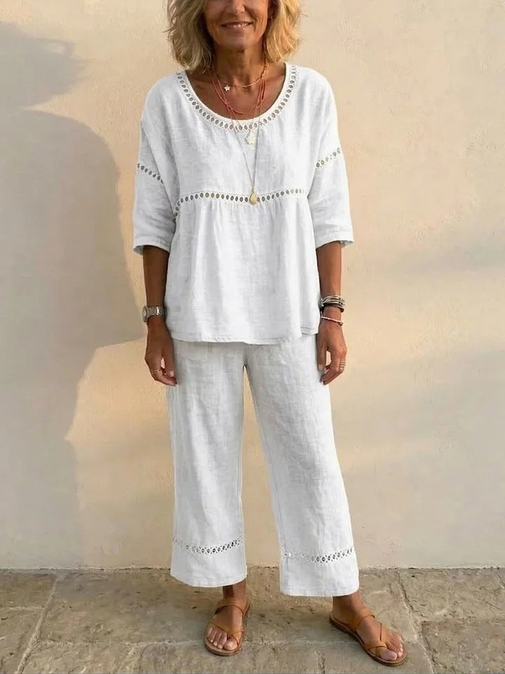 Kvinnenes komplette lin loungewear-drakt med luftig passform og blonder detaljer Skjora