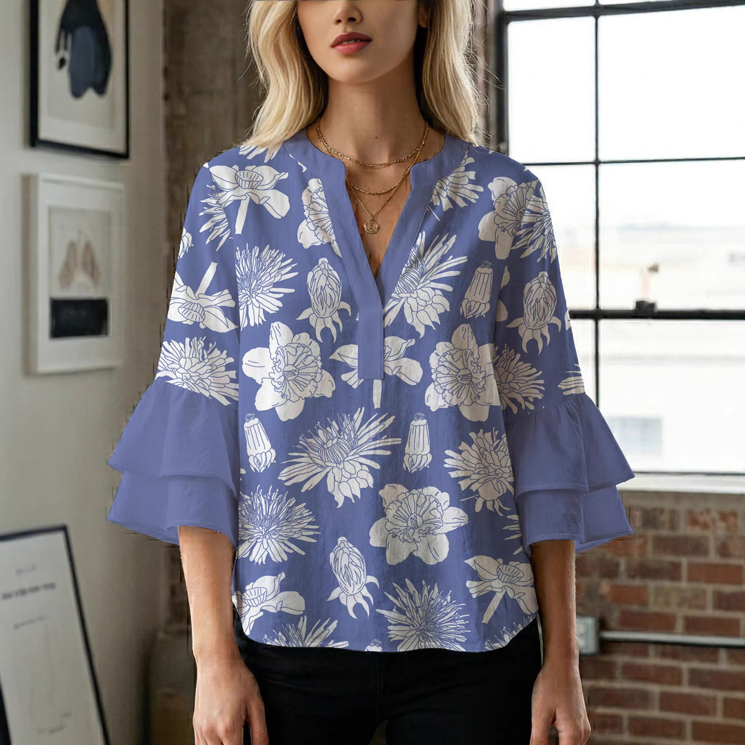 Damer elegant bluse skjorte med voluminøse rysjermer og grafisk blomsterdesign Skjora
