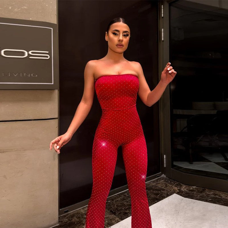 Dame Glamourøst Jumpsuit med glitrende applikasjoner og smale ben Skjora