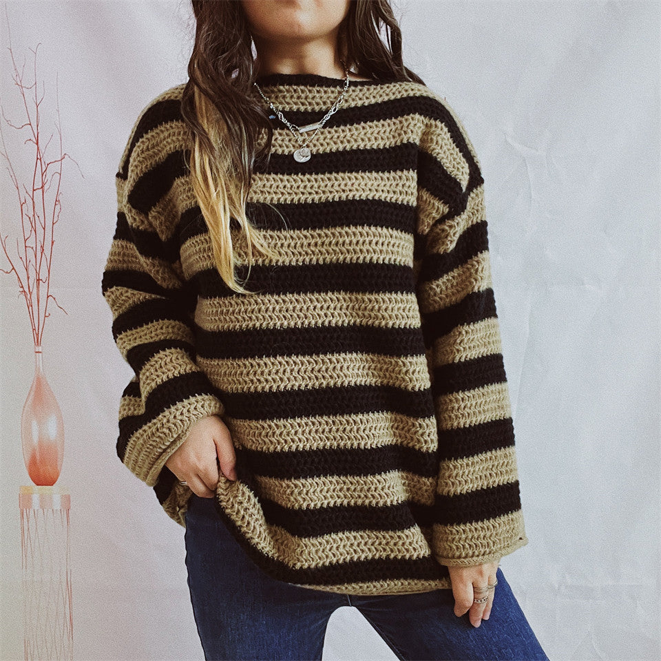 Kvinnenes strikkede oversized genser med bred stripemønster Skjora