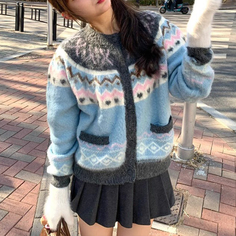 Dame cardigan med leken etnisk mønster og lommer Skjora