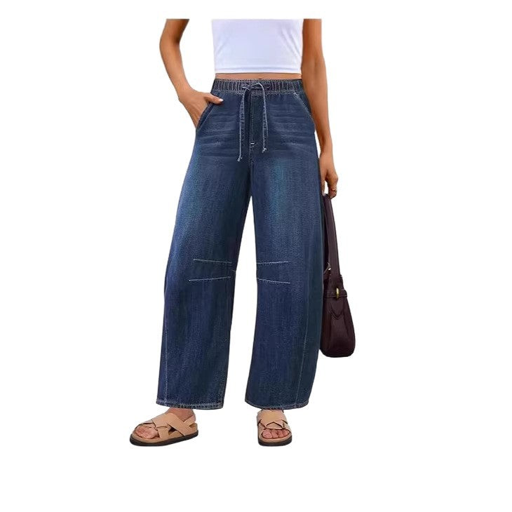 Damer vide denim-bukser med elastisk midje og praktisk snitt Skjora