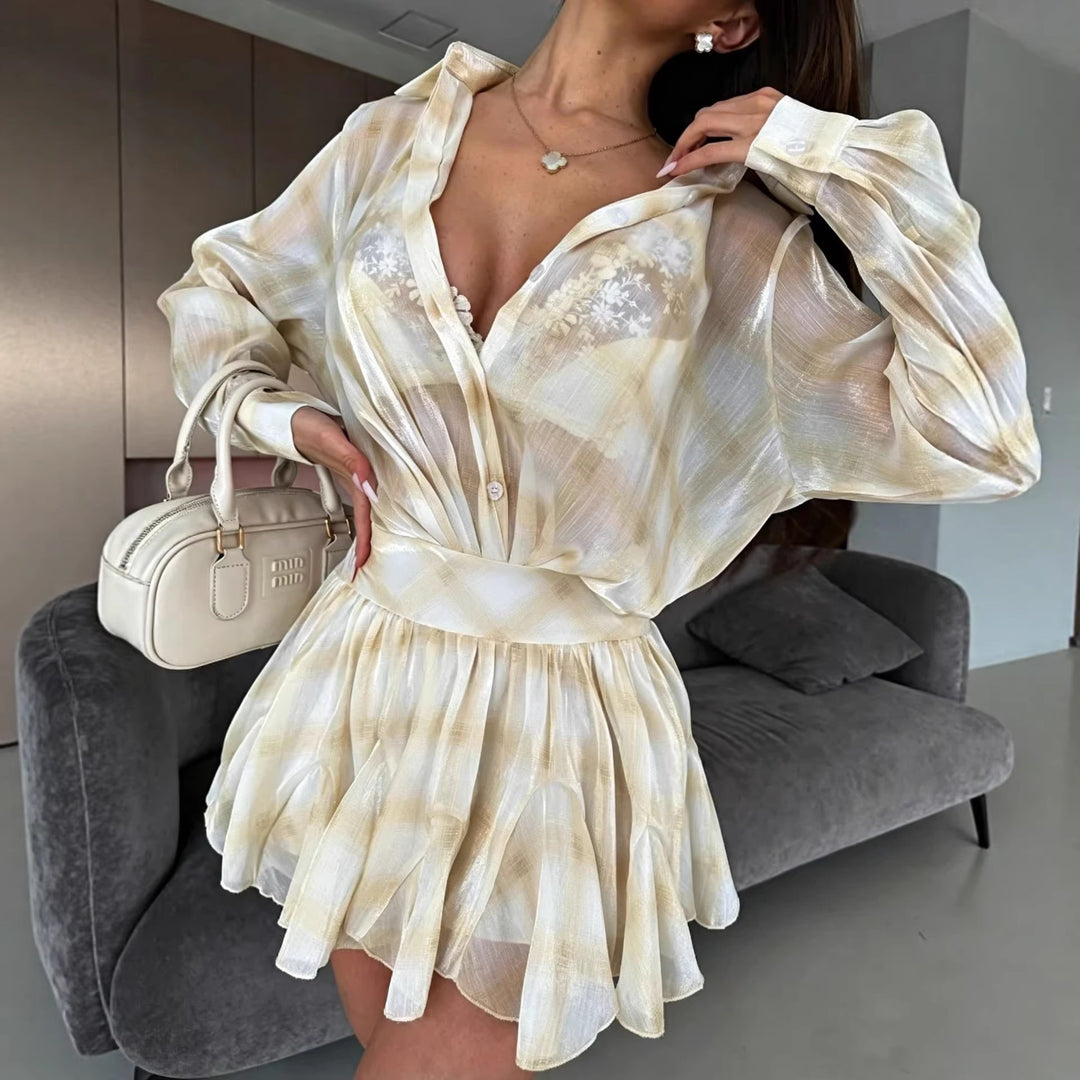 Damer elegant ensemble av luftig bluse og samlet skjørt