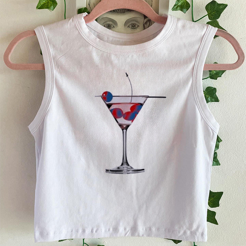 Dame ermeløs topp med kreativ cocktailmotiv Skjora