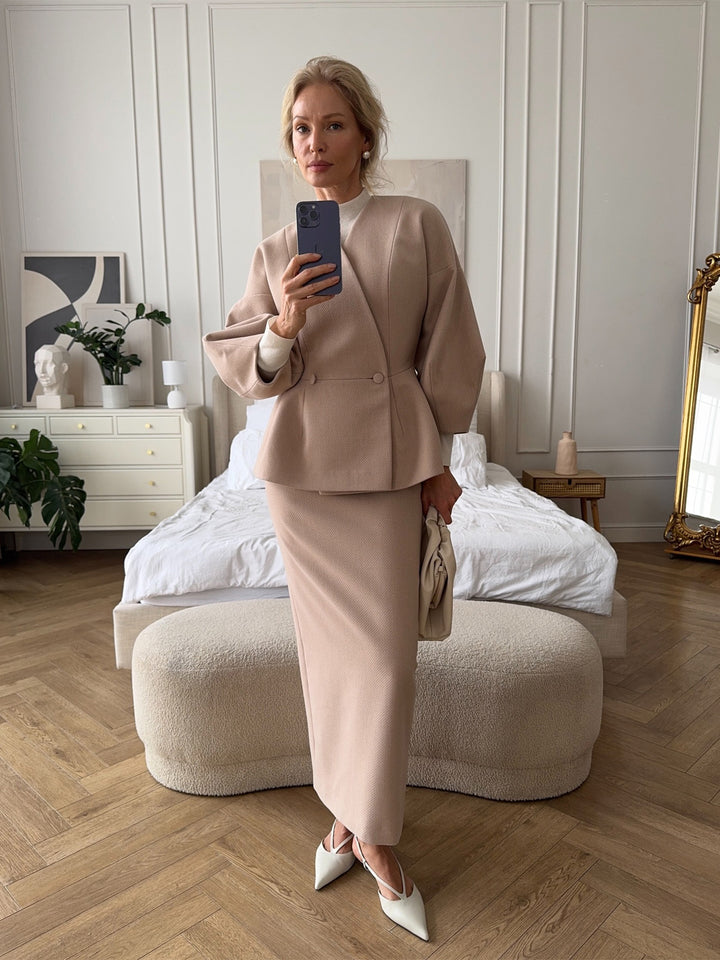 Dame Elegant Blyantkjole med Chic Blazer Topp og Puff Ermer Skjora