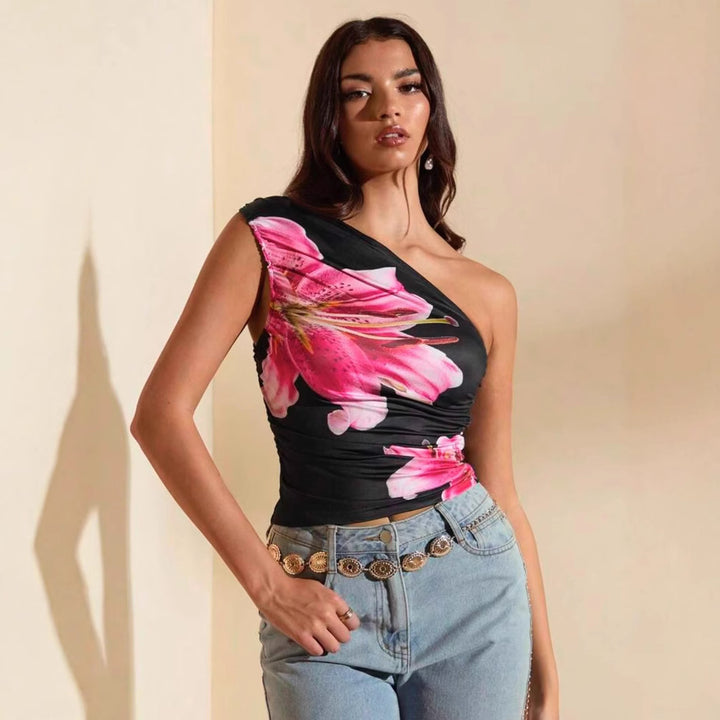 Dame Crop-Top med asymmetrisk utringning og florale aksenter Skjora