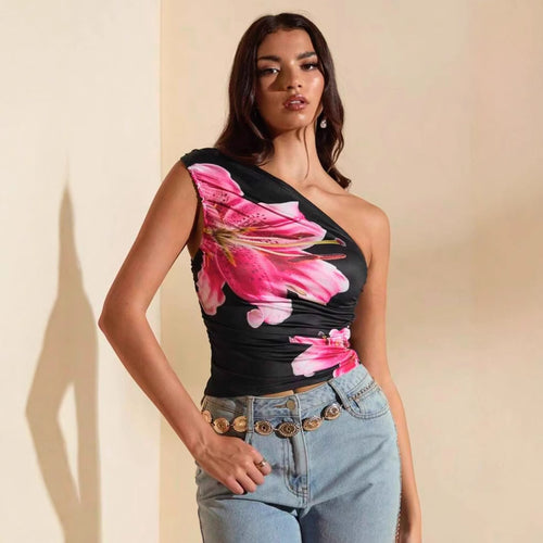 Dame Crop-Top med asymmetrisk utringning og florale aksenter Skjora