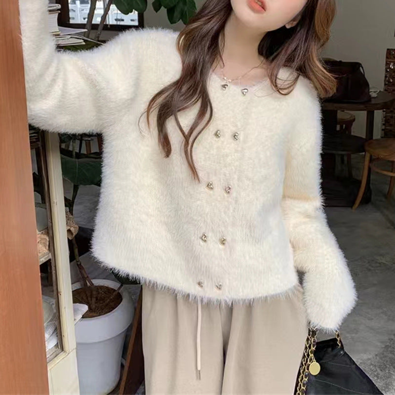 Women's Fluffy Cardigan with Golden Button Details Skjora