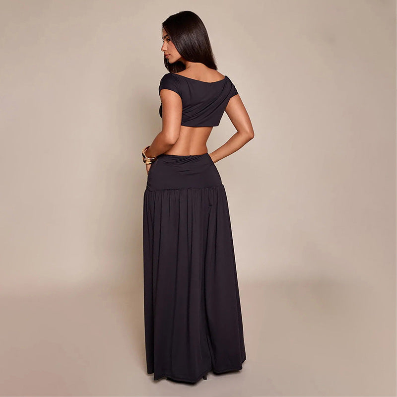 Damer Elegant Cropped Top og Maxiskjørt Sett Skjora