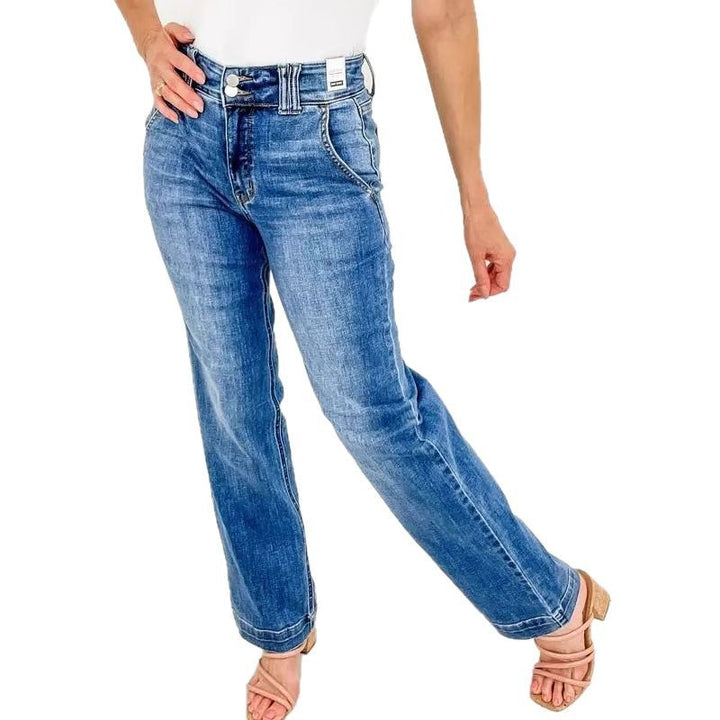 Kvinnelige vide ben jeans med høy midje og elegant sømdesign