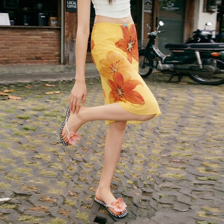 Dame midi skjørt med blomstrete chiffon og elastisk liv Skjora