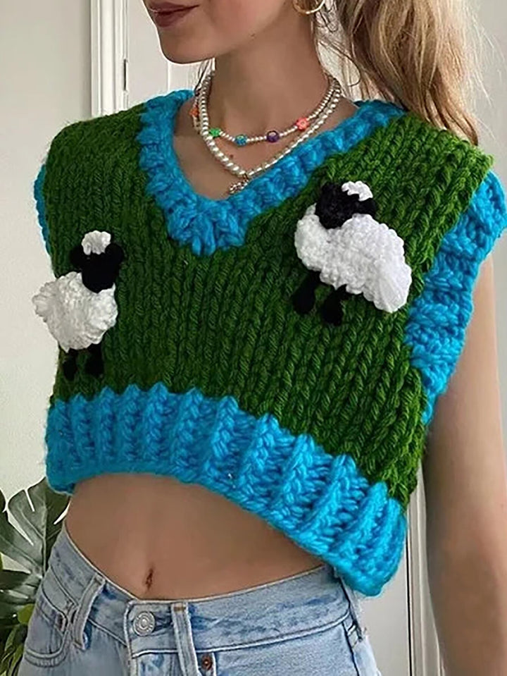 Damer heklede Crop-Top med kreative sauemotiv Skjora