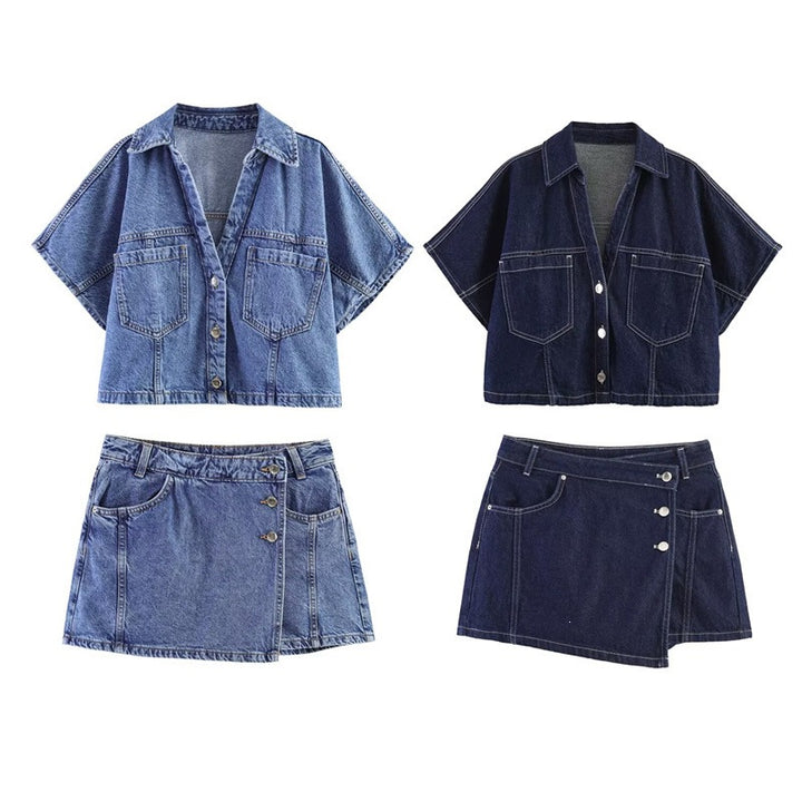 Damer denim-miniskjørt i asymmetrisk snitt med dekorative knapper Skjora
