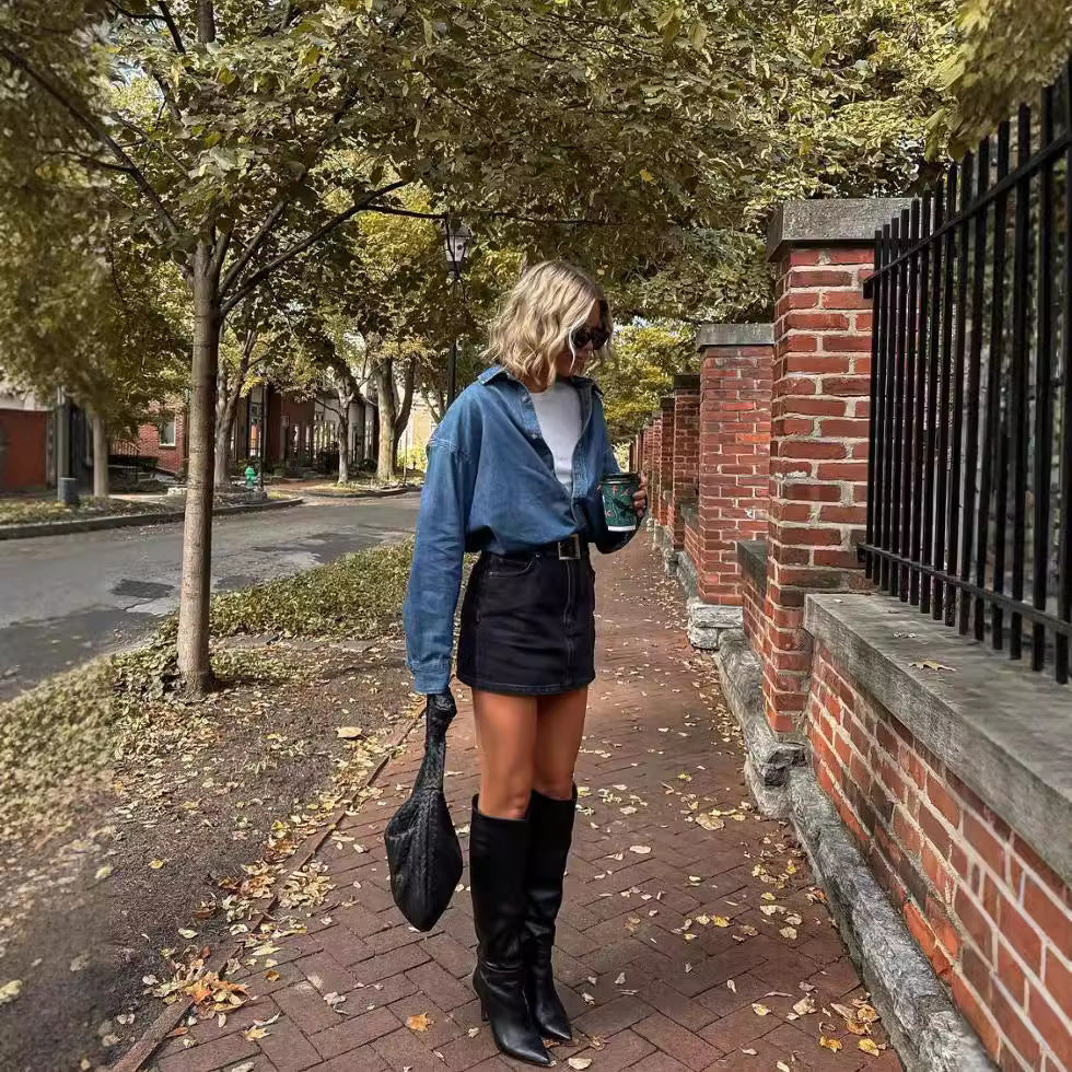 Dame Casual Denim Jakke i Klassisk Oversized Snitt Skjora