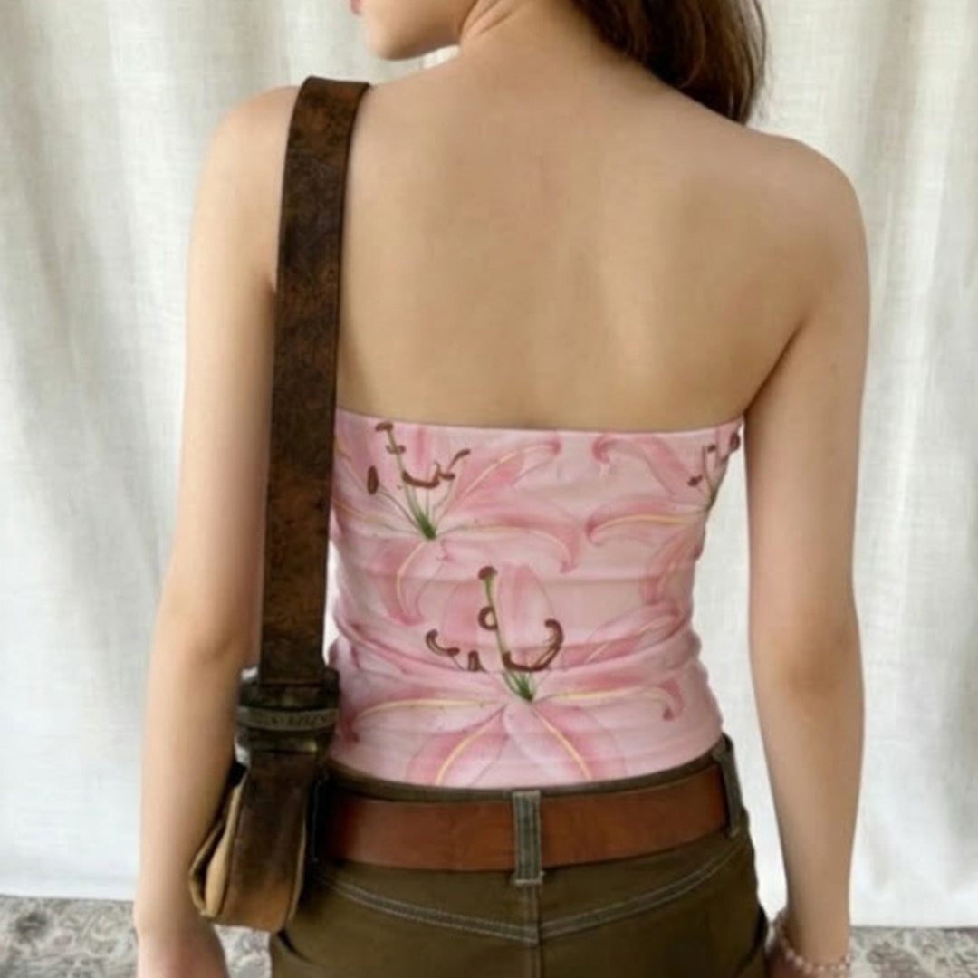 Dame Bandeau-top med blomsterdesign og elastisk nederkant Skjora