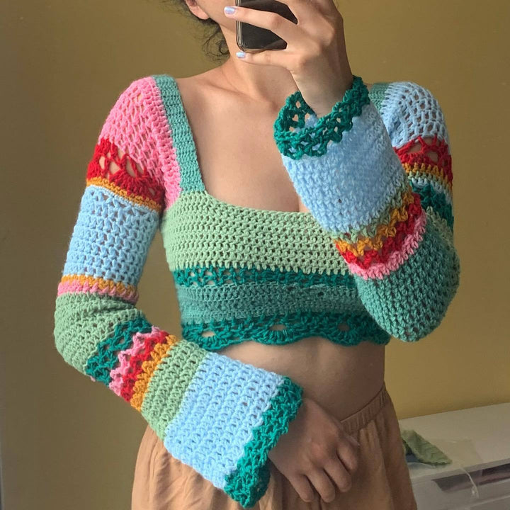 Damer heklede Crop-Top med lange ermer og uvanlig kant Skjora