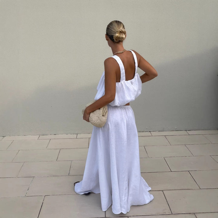 Women's airy maxi dress with wide straps and elastic waistband Skjora