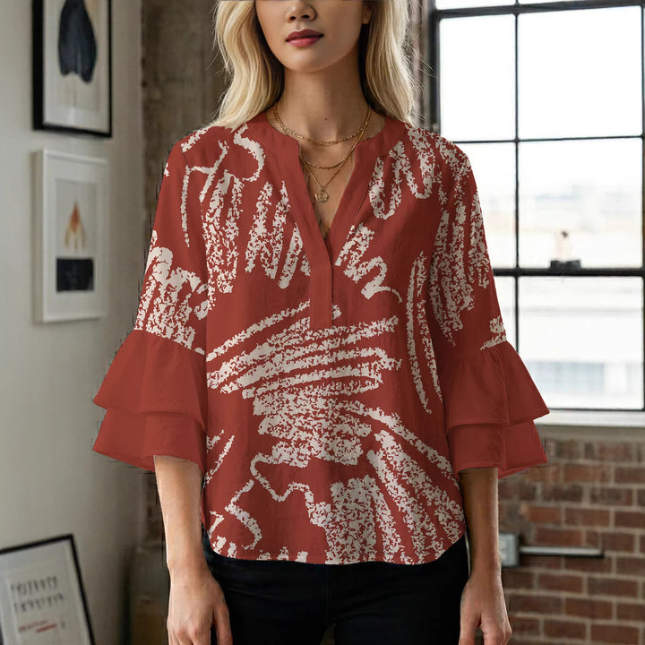 Damer elegant bluse skjorte med voluminøse rysjermer og grafisk blomsterdesign Skjora