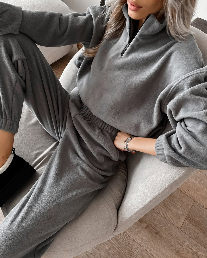 Kvinnens fleece treningsoverdel med halv glidelås og elastisk midjebånd