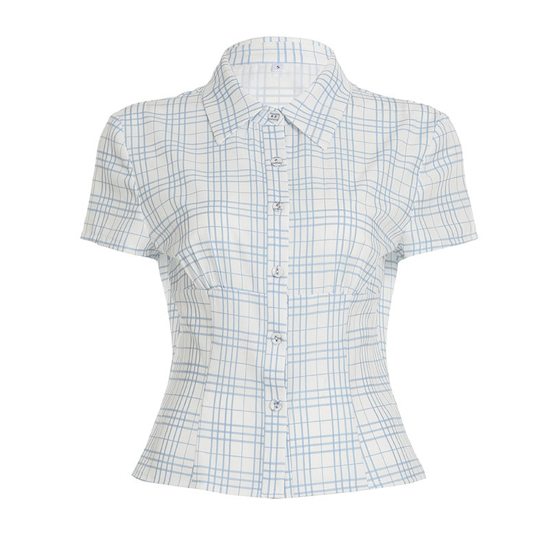Damen kortermet skjortebluse med innsnevret snitt og elegante rynker Skjora