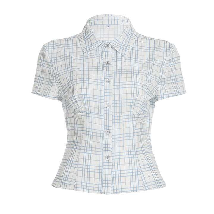 Damen kortermet skjortebluse med innsnevret snitt og elegante rynker Skjora
