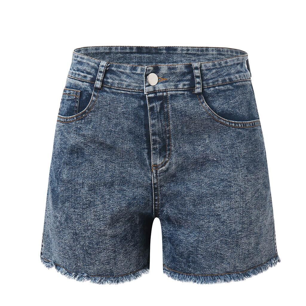 Dame høyt liv denim shorts med frynset søm Skjora