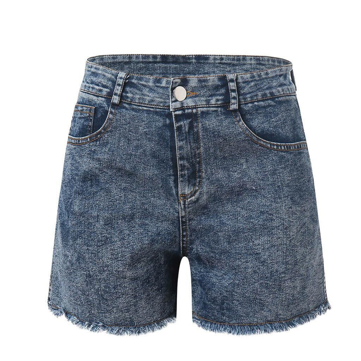 Dame høyt liv denim shorts med frynset søm Skjora