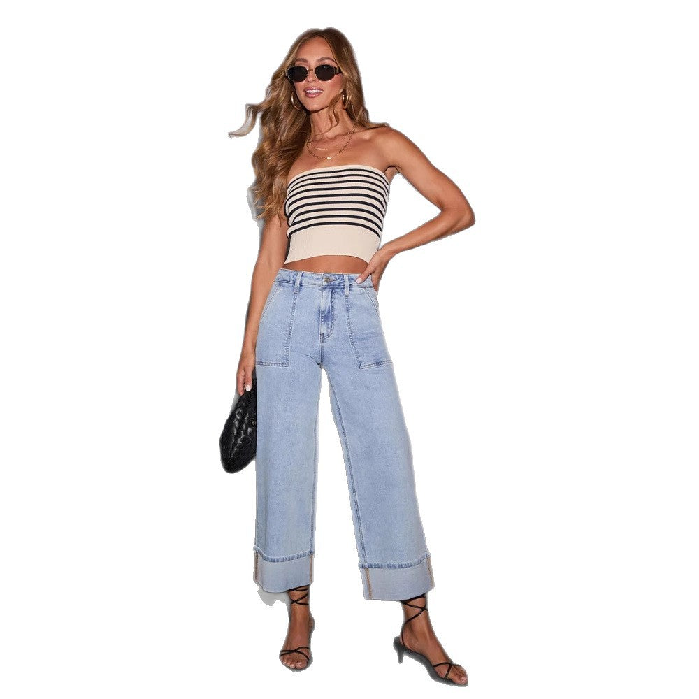 Kvinnes brede jeans med lommer og trendy kant Skjora