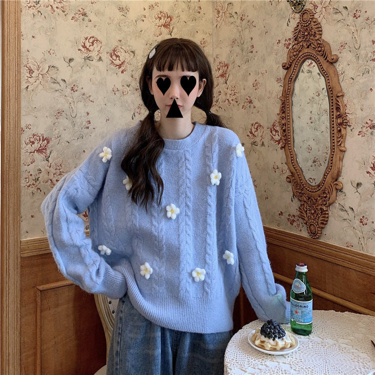 Damer Fashionable Chunky Knit Genser med Blomsterapplikasjoner Skjora