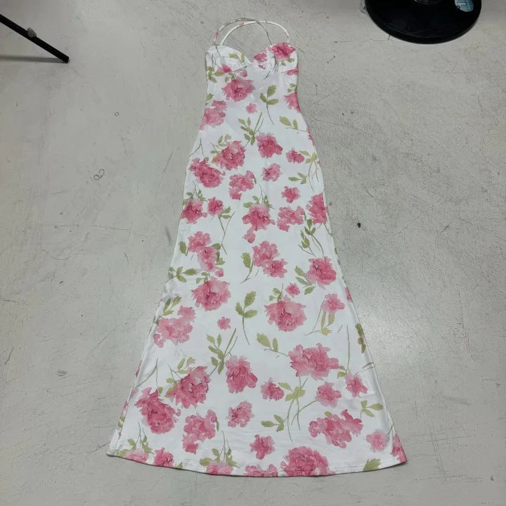 Dame Elegant Maxikjole med blomstermønster og spaghetti-stropper Skjora