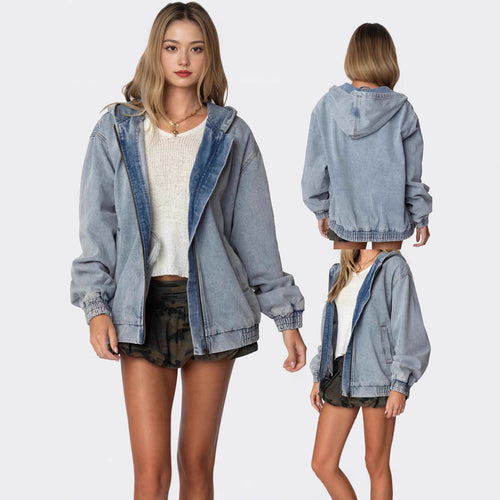 Dame Oversized Denimjakke med hette og elastiske mansjetter Skjora